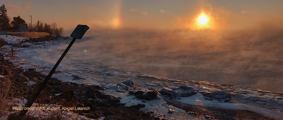 Winter steam off Lake Superior at sunrise